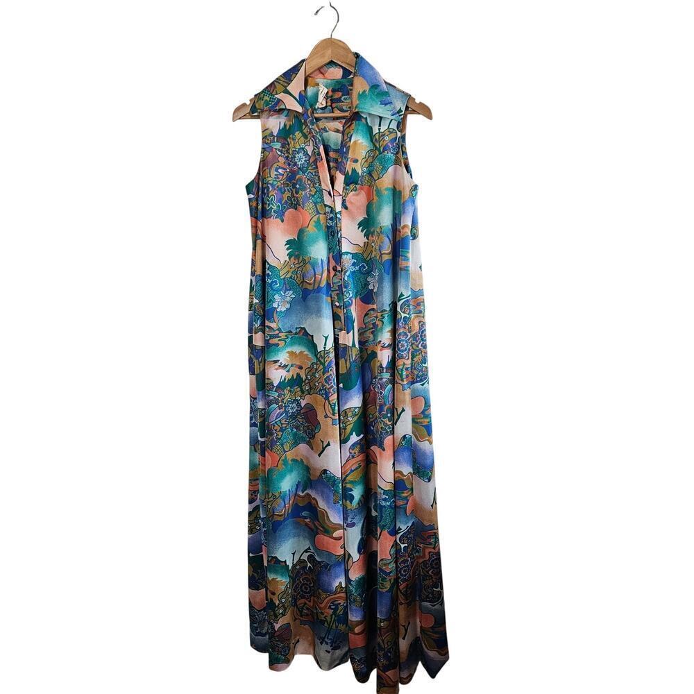 Vintage Kiyomi Hawaii 70s Dress Womens Size 10 Maxi Disco Tropical Psychedelic